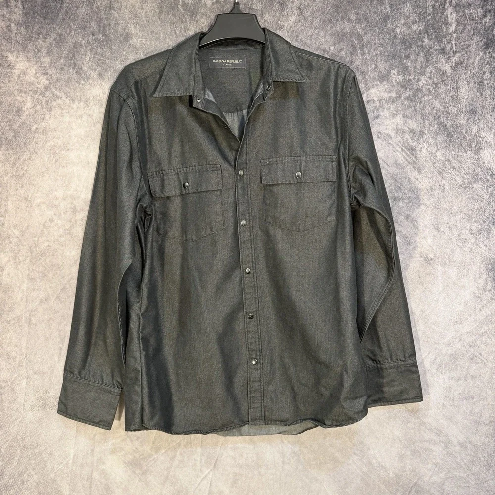 Banana Republic Denim Button Snap Long Sleeve Shirt L Gray Athletic Fit‎ Pockets